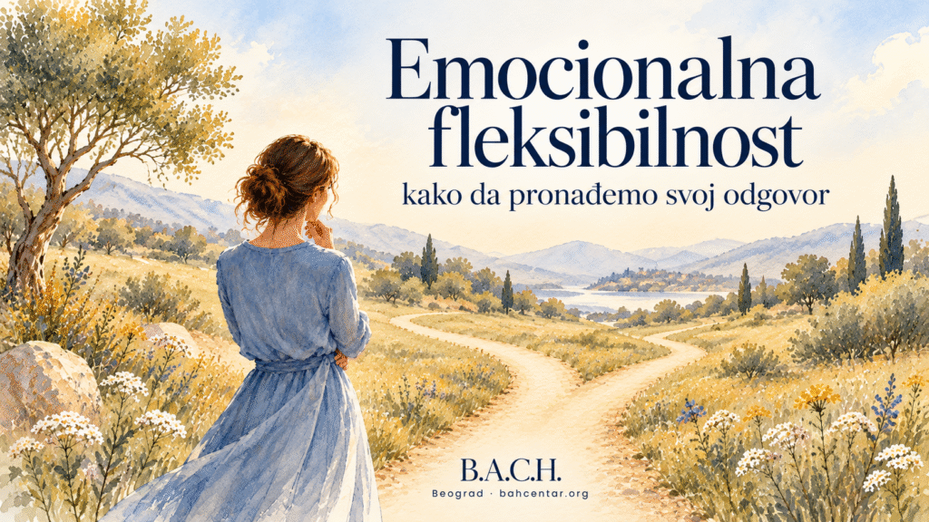 Ilustracija emocionalne fleksibilnosti: žena pred raskršćem puteva u prirodi, kao simbol prepoznavanja osećanja i slobode izbora odgovora.